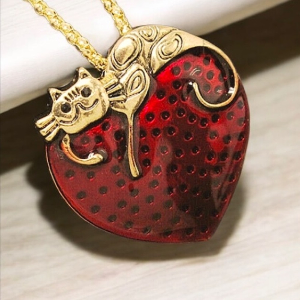 Red Enamel Cat Heart Strawberry Necklace Gold Brass 18-22" Chain Vintage NEW